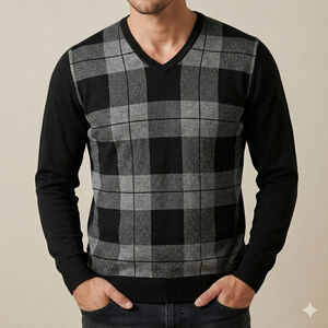 Bugatti Mens V-Neck Sweater Size L Black Gray Plaid